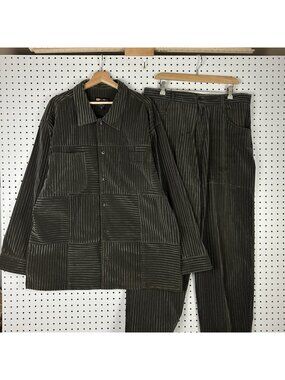 Godbody 2 Piece Men's XL Corduroy Velour Suit Outfit 80s Gray Button Front Baggy